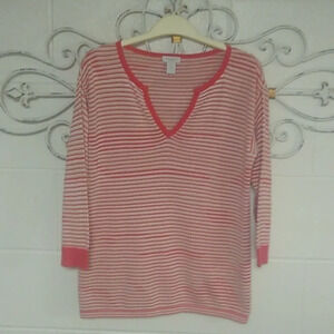 WEEKENDS BY CHICOS LIGHTWEIGHT V-NECK, 3/4 SLEEVE, COTTON SWEATER.